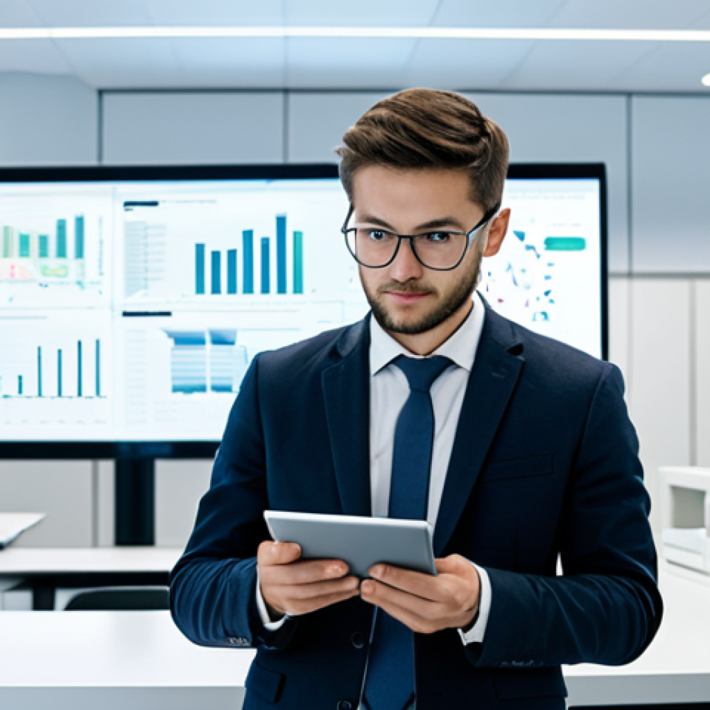 A focused, diverse international university student, fully clothed in professional business casual attire, standing confidently amidst a cutting-edge research laboratory with subtle AI and data visualization elements on screens in the background. The setting is a modern, clean, and brightly lit space in a forward-thinking German city, symbolizing innovation and future opportunities. The student is holding a tablet, looking thoughtful and engaged.