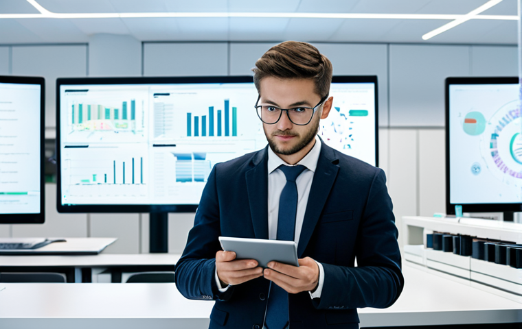 A focused, diverse international university student, fully clothed in professional business casual attire, standing confidently amidst a cutting-edge research laboratory with subtle AI and data visualization elements on screens in the background. The setting is a modern, clean, and brightly lit space in a forward-thinking German city, symbolizing innovation and future opportunities. The student is holding a tablet, looking thoughtful and engaged.