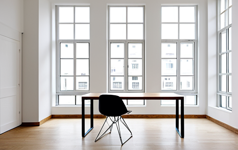 A bright, minimalist living space designed in the Bauhaus style, showcasing iconic, functional furniture like a steel-tube chair and a simple, uncluttered wooden table. Geometric forms dominate the architecture, with clean lines and large windows providing abundant natural light. The environment reflects the principle of 'form follows function', emphasizing utility and aesthetic purity. Professional photography, high-resolution, natural light, perfect anatomy (if any background figures are present), correct proportions, safe for work, appropriate content, fully clothed, professional.