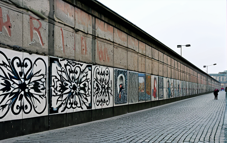 A poignant, wide shot depicting the early construction of the Berlin Wall in