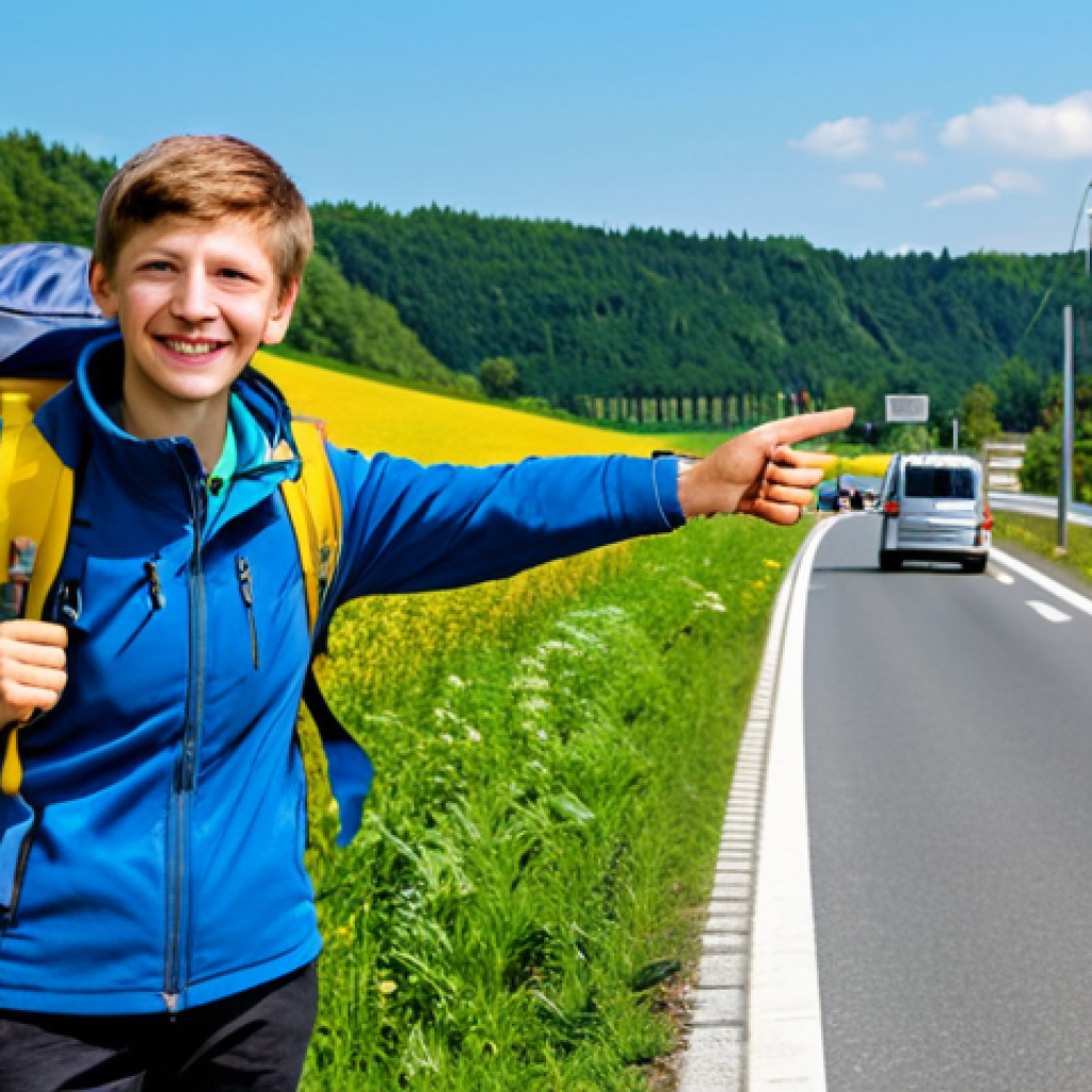 Hitchhiking Prep**
A young traveler, fully clothed in appropriate hiking gear and a cheerful backpack, stands near a highway entrance sign in Germany. They are holding a clearly written sign with a German city name. Background includes green fields and a bright blue sky. Safe for work, professional photography, perfect anatomy, natural pose, well-formed hands, proper finger count.
**