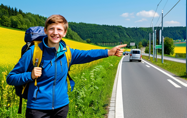 Hitchhiking Prep**

A young traveler, fully clothed in appropriate hiking gear and a cheerful backpack, stands near a highway entrance sign in Germany. They are holding a clearly written sign with a German city name. Background includes green fields and a bright blue sky. Safe for work, professional photography, perfect anatomy, natural pose, well-formed hands, proper finger count.

**