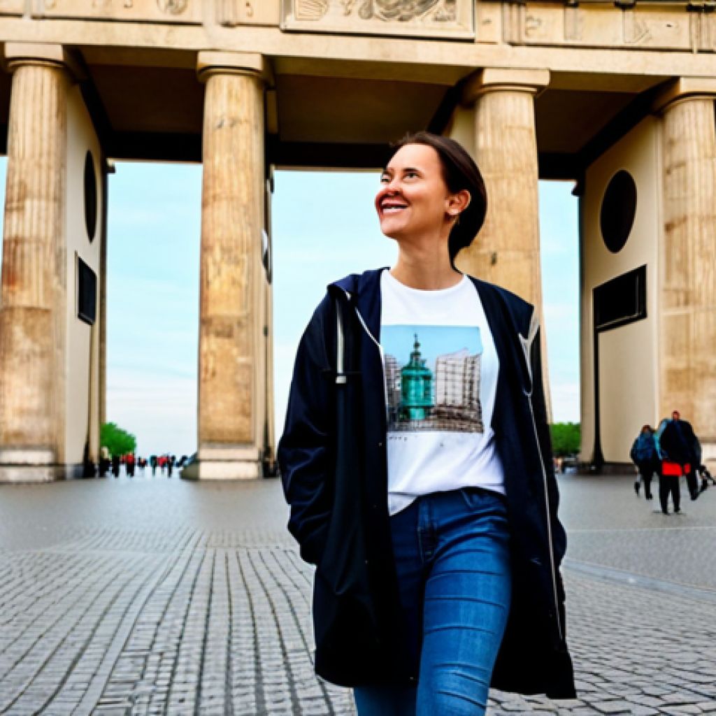 **
A professional female traveler in Berlin during springtime, fully clothed in a stylish, modest, layered outfit (T-shirt, cardigan, light waterproof jacket), wearing waterproof sneakers, walking near Brandenburg Gate, safe for work, appropriate content, perfect anatomy, natural pose, professional photography.
**