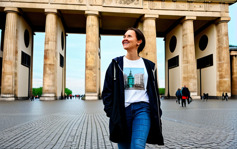 **

A professional female traveler in Berlin during springtime, fully clothed in a stylish, modest, layered outfit (T-shirt, cardigan, light waterproof jacket), wearing waterproof sneakers, walking near Brandenburg Gate, safe for work, appropriate content, perfect anatomy, natural pose, professional photography.

**