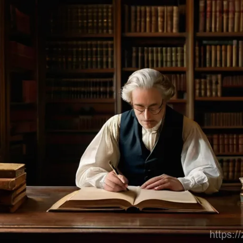 괴테 문학 작품 - **Prompt:** A thoughtful young scholar, elegantly dressed in modest 18th-century attire, sits at a g...