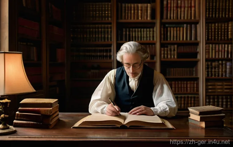 괴테 문학 작품 - **Prompt:** A thoughtful young scholar, elegantly dressed in modest 18th-century attire, sits at a g...