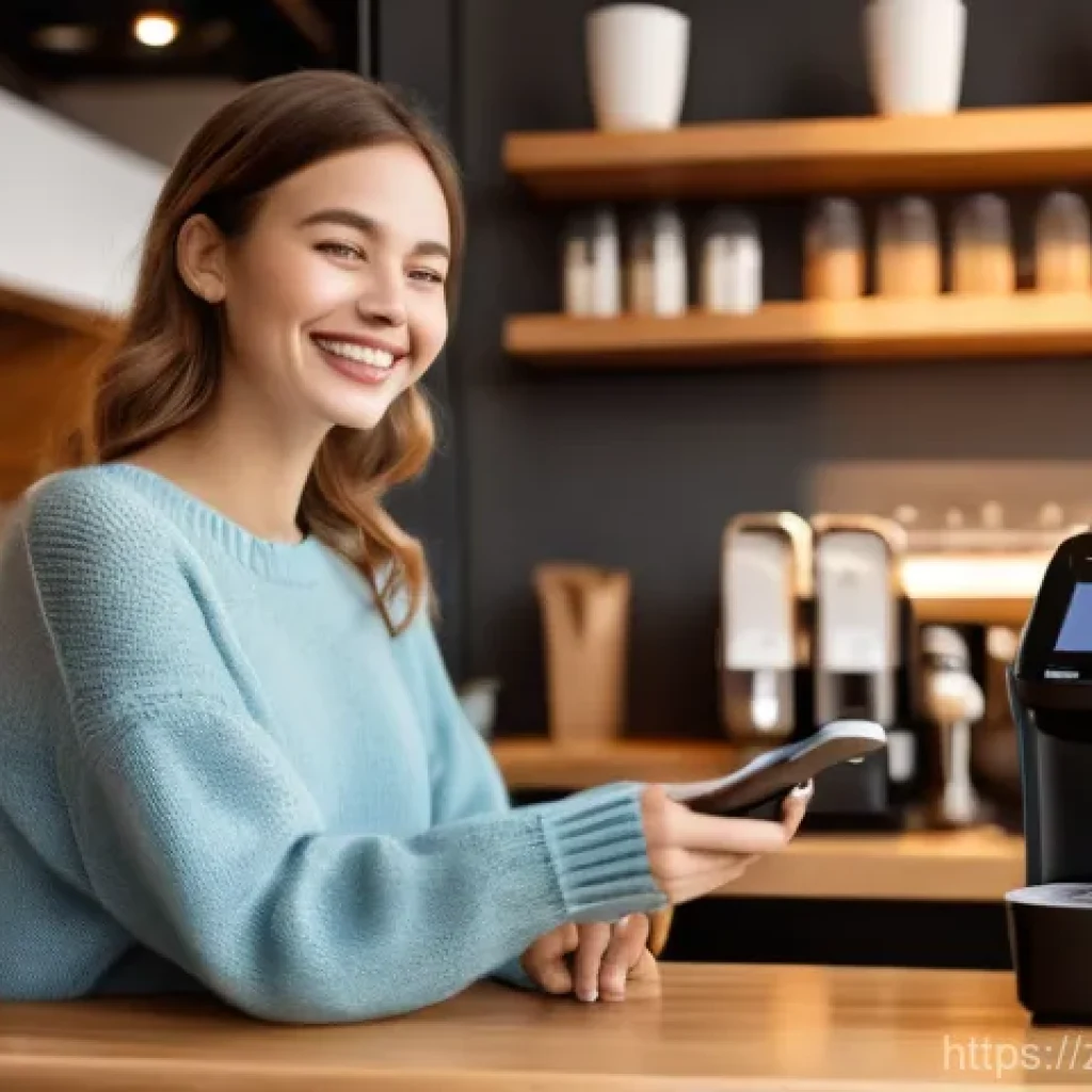독일에서의 신용카드 사용법 - **Prompt 1: Modern Cafe Mobile Payment**
A vibrant, sunlit modern cafe interior. A young woman, ...