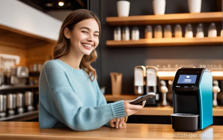 독일에서의 신용카드 사용법 - **Prompt 1: Modern Cafe Mobile Payment**
    A vibrant, sunlit modern cafe interior. A young woman, ...