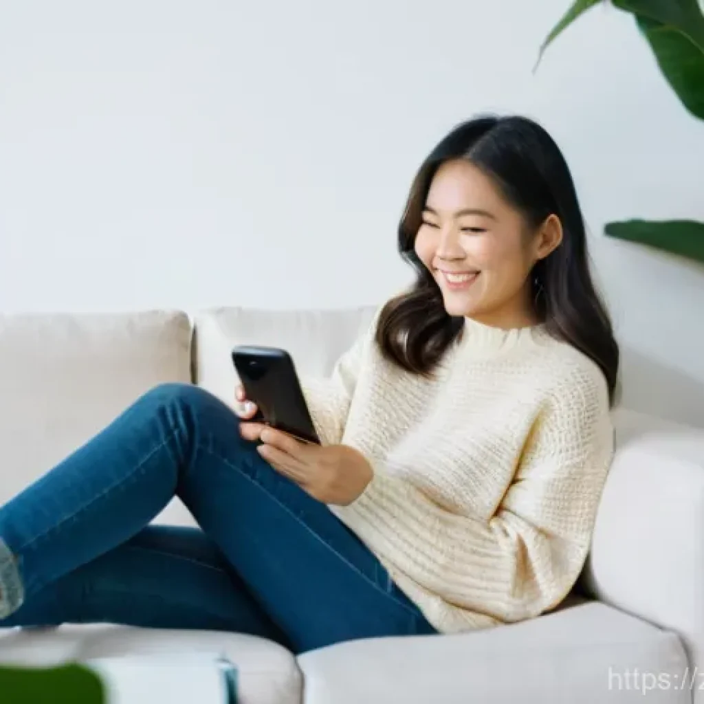 독일어 공부하기 좋은 웹사이트 - **Prompt:** A young Asian woman, mid-20s, with a friendly smile, is sitting comfortably on a modern,...