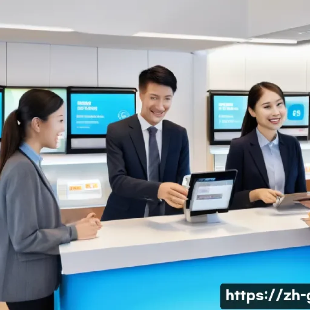 독일 은행 계좌 개설 - A modern German bank interior scene showing a diverse group of young Chinese-speaking customers at a...