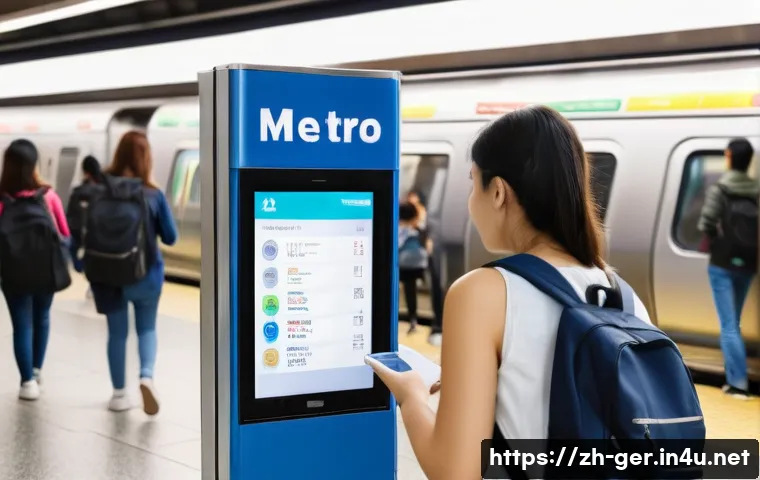 독일 대중교통 이용법 - A bustling modern German subway station interior during rush hour, with diverse passengers including...