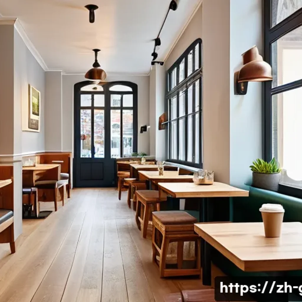 독일의 커피 문화 - A cozy German café interior blending traditional and modern design elements, featuring warm wooden f...