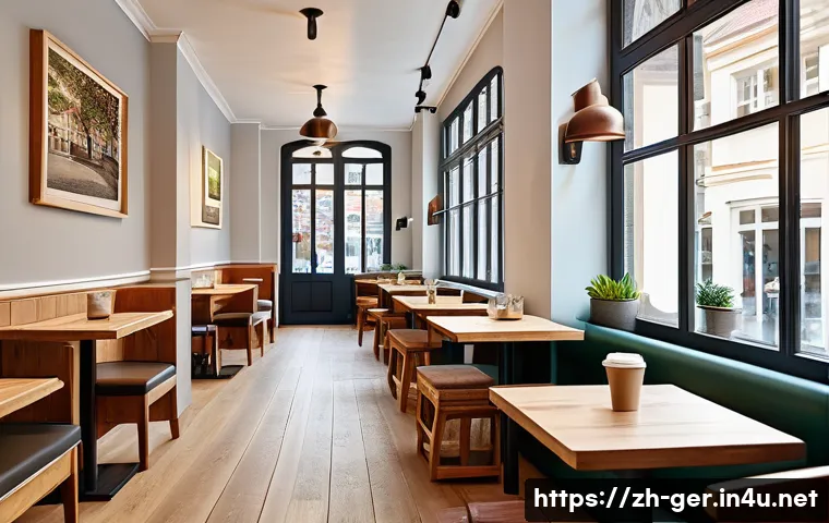 독일의 커피 문화 - A cozy German caf&eacute; interior blending traditional and modern design elements, featuring warm wooden f...