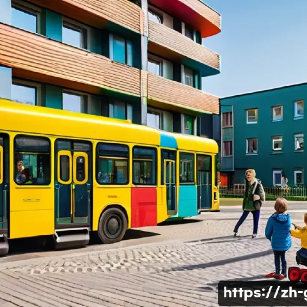 독일에서 아이 키우는 환경 - A vibrant urban scene in a large German city showing a diverse group of children and parents outside...
