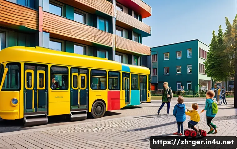 독일에서 아이 키우는 환경 - A vibrant urban scene in a large German city showing a diverse group of children and parents outside...