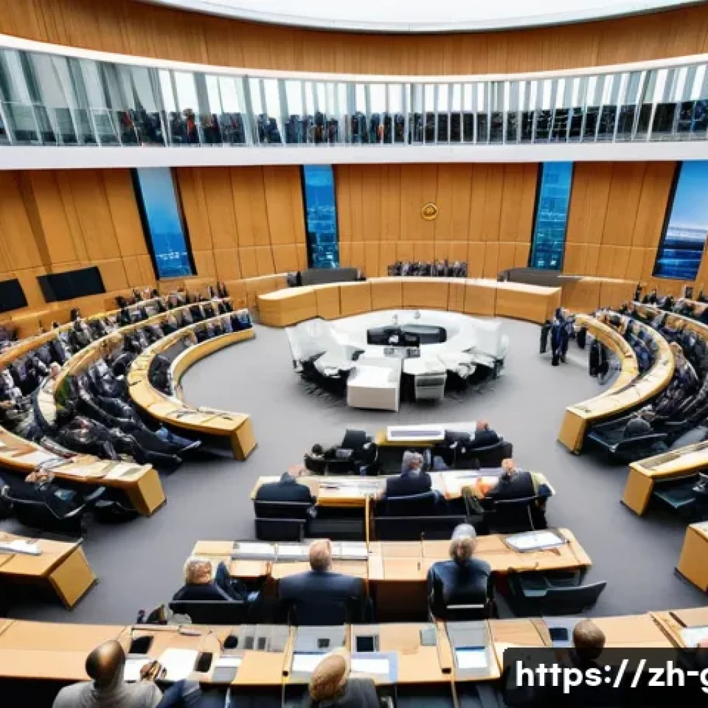 독일의 정치 구조 - A detailed, realistic scene inside the German Bundestag chamber during a legislative session, showin...