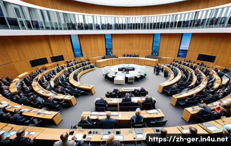 독일의 정치 구조 - A detailed, realistic scene inside the German Bundestag chamber during a legislative session, showin...