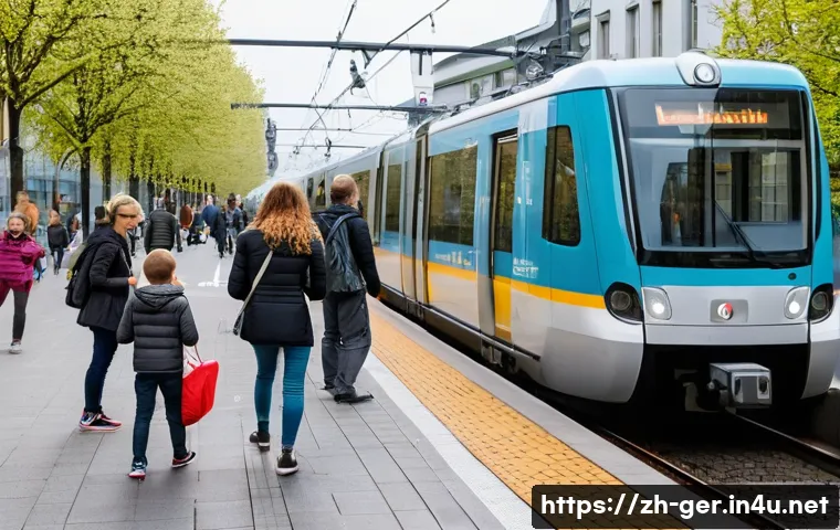 독일 여행 주의사항 - A bustling German city public transportation scene during daytime, featuring a modern U-Bahn subway ...