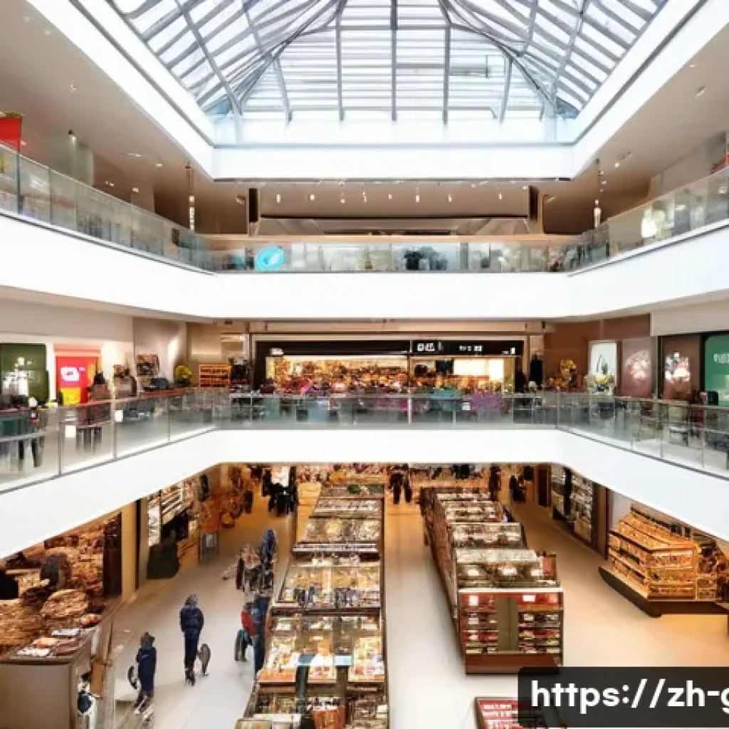 독일에서 쇼핑하기 좋은 곳 - A spacious and modern German shopping mall interior during daytime, featuring bright natural lightin...