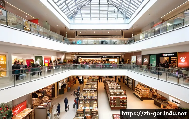 독일에서 쇼핑하기 좋은 곳 - A spacious and modern German shopping mall interior during daytime, featuring bright natural lightin...