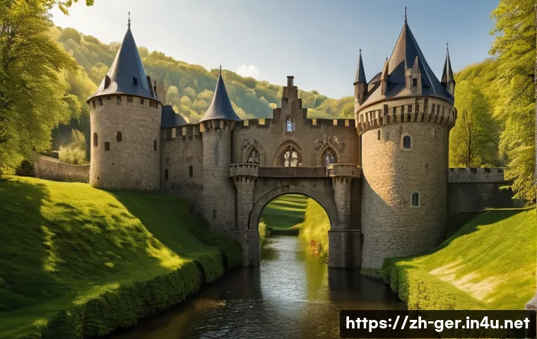 독일의 유명한 고성 여행 - A majestic medieval German castle perched on a lush hillside during springtime, featuring towering s...