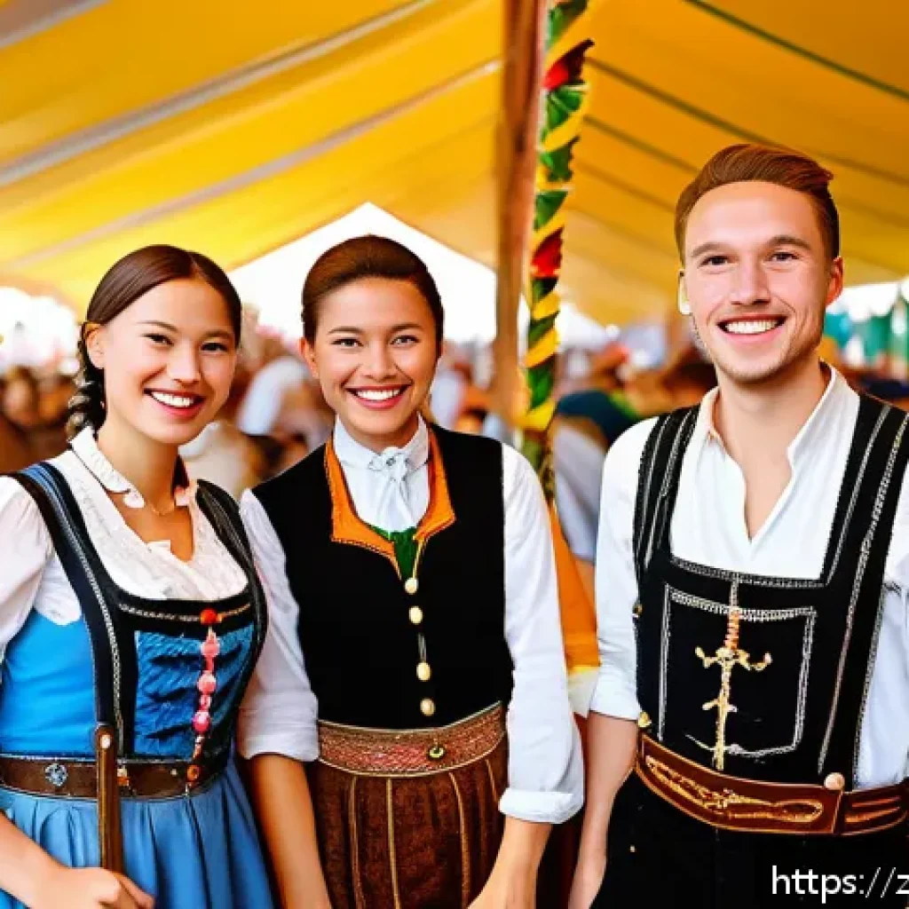 독일의 지역별 방언 - A vibrant scene at the Munich Oktoberfest featuring people in traditional Bavarian attire, such as m...