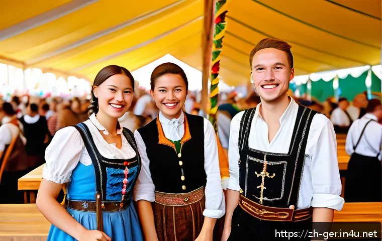 독일의 지역별 방언 - A vibrant scene at the Munich Oktoberfest featuring people in traditional Bavarian attire, such as m...