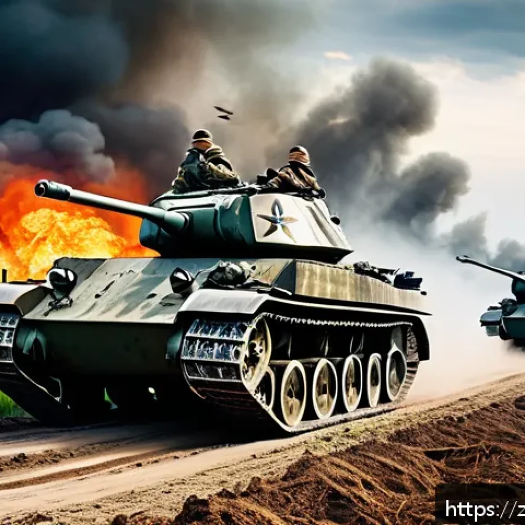 독일 전쟁사 - A vivid World War II battlefield scene showing German Blitzkrieg tactics in action: fast-moving tank...