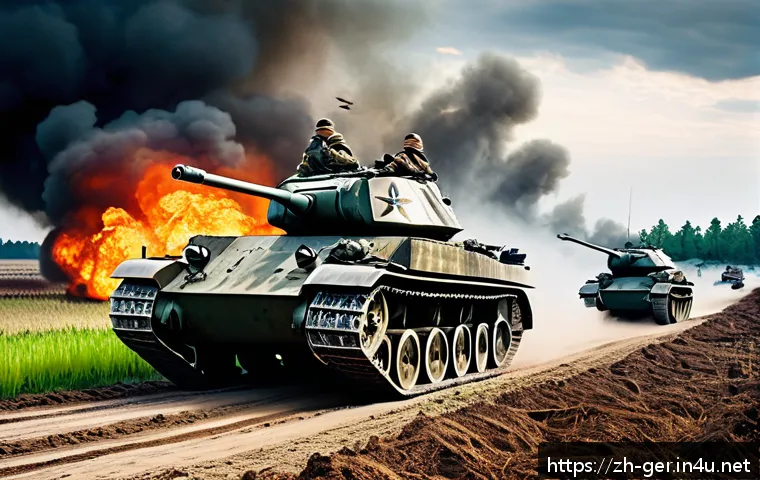 독일 전쟁사 - A vivid World War II battlefield scene showing German Blitzkrieg tactics in action: fast-moving tank...