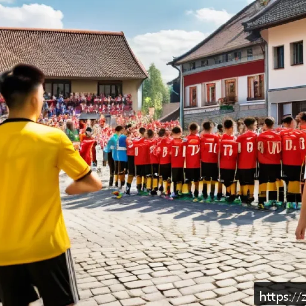독일의 국민 스포츠 - A lively German local football match scene in a small town during a sunny afternoon, showing diverse...