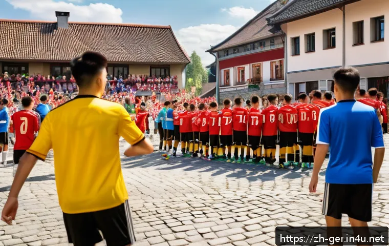 독일의 국민 스포츠 - A lively German local football match scene in a small town during a sunny afternoon, showing diverse...