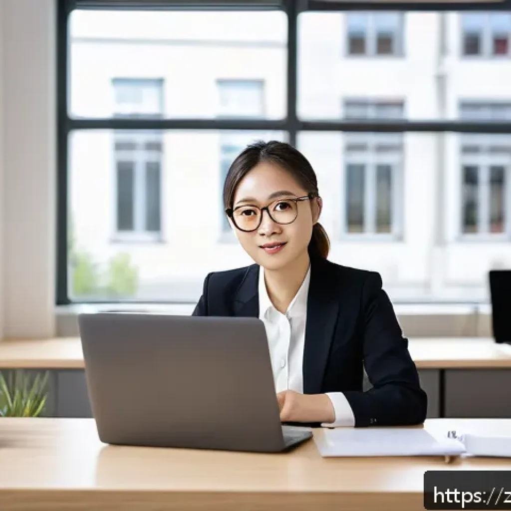 독일에서 일하는 한국인 인터뷰 - A Korean professional woman in business casual attire wearing glasses, sitting confidently at her mo...