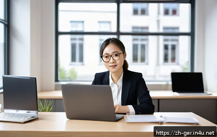 독일에서 일하는 한국인 인터뷰 - A Korean professional woman in business casual attire wearing glasses, sitting confidently at her mo...