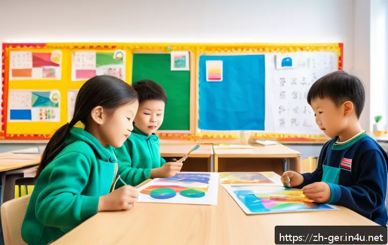 독일 교육 방식의 특징 - A vibrant German classroom scene emphasizing personalized learning and creativity: children of diver...