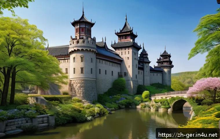 하이델베르크 성 - A majestic Renaissance-style castle perched on a hilltop overlooking a serene river valley in spring...