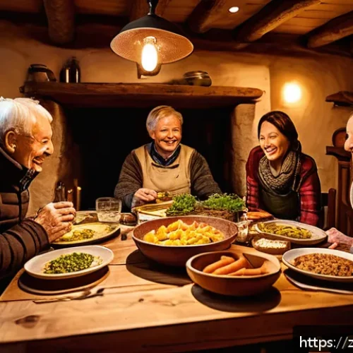 독일에서 한 달 살기 경험담 - A cozy German winter family dinner scene in a warmly lit rustic kitchen, featuring a table filled wi...