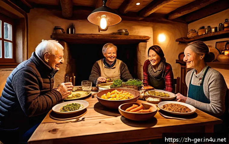독일에서 한 달 살기 경험담 - A cozy German winter family dinner scene in a warmly lit rustic kitchen, featuring a table filled wi...