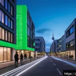 독일의 스마트 시티 정책 - A futuristic smart city street scene in Berlin at dusk, featuring sleek 5G network towers and glowin...