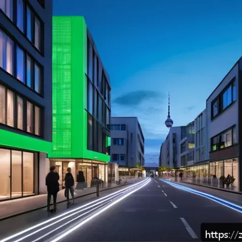 독일의 스마트 시티 정책 - A futuristic smart city street scene in Berlin at dusk, featuring sleek 5G network towers and glowin...