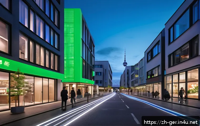 독일의 스마트 시티 정책 - A futuristic smart city street scene in Berlin at dusk, featuring sleek 5G network towers and glowin...