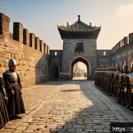 독일에서 가장 오래된 도시 탐방 - A majestic medieval city wall and ancient stone city gate under a warm sunset, casting long, mottled...