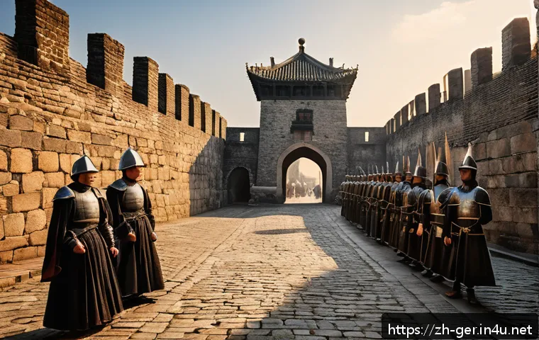 독일에서 가장 오래된 도시 탐방 - A majestic medieval city wall and ancient stone city gate under a warm sunset, casting long, mottled...