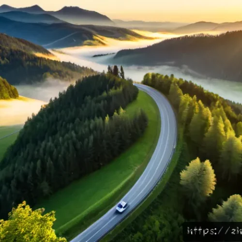독일과 체코 여행 루트 추천 - Photorealistic aerial sunrise view of a scenic travel route from southern Germany toward the Czech b...