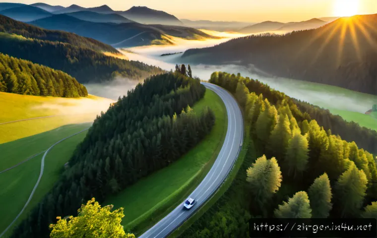 독일과 체코 여행 루트 추천 - Photorealistic aerial sunrise view of a scenic travel route from southern Germany toward the Czech b...