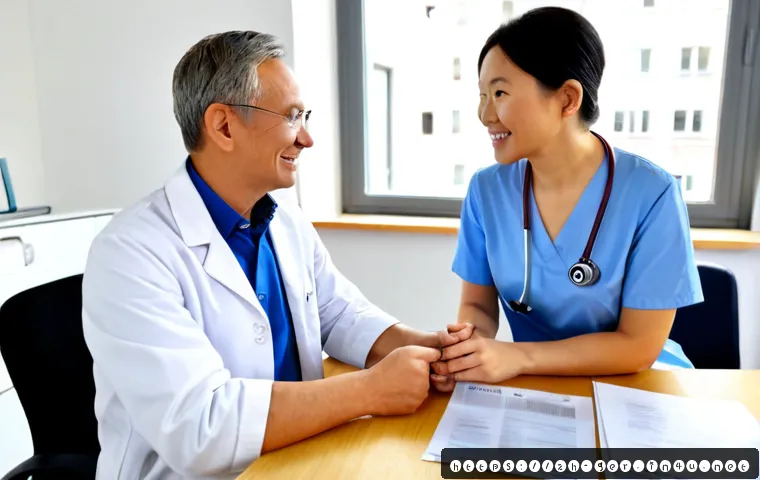 독일 의료보험 시스템 - Photorealistic scene of a German healthcare consultation: a friendly middle-aged doctor in a modern ...